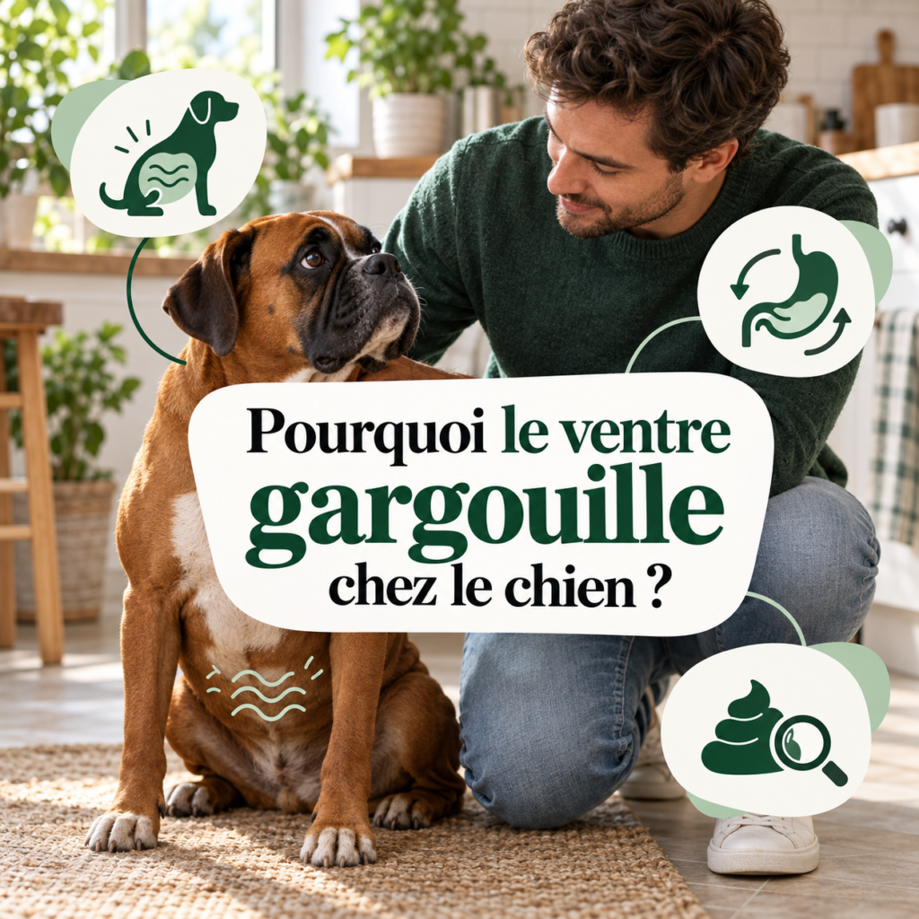 Chien boxer assis près de son propriétaire, avec des pictogrammes de digestion et de gargouillis