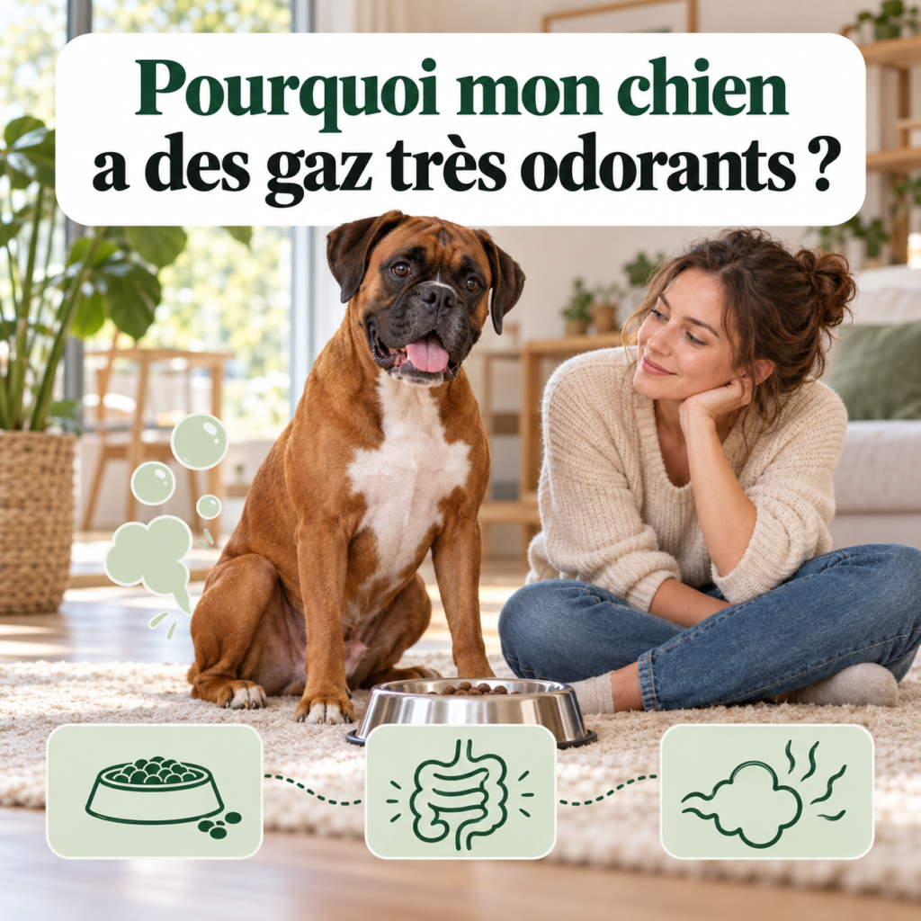 Chien observé par son propriétaire dans une cuisine, illustration d’un inconfort digestif